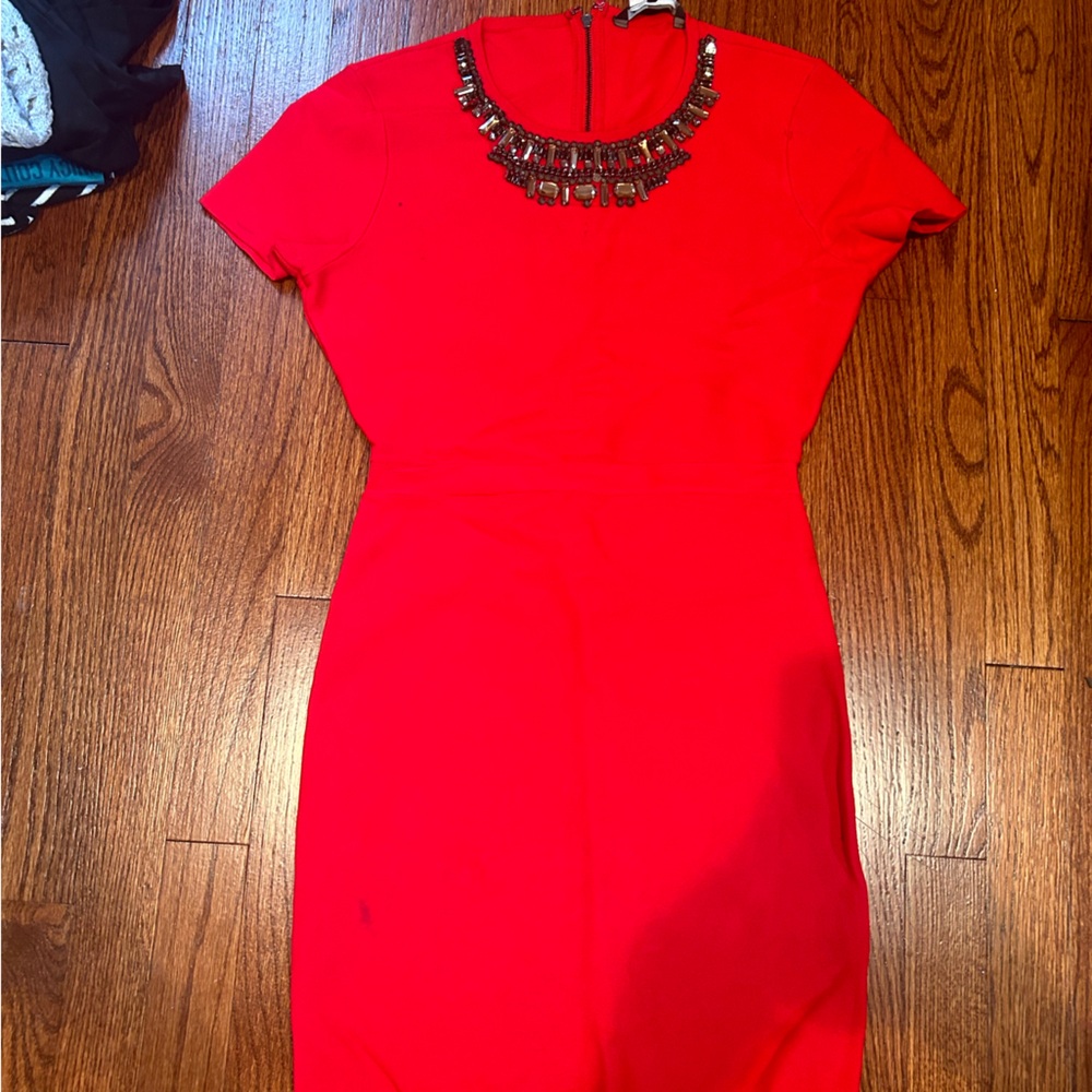 BCBG Vibrant Red Mini Dress with Statement Neckline